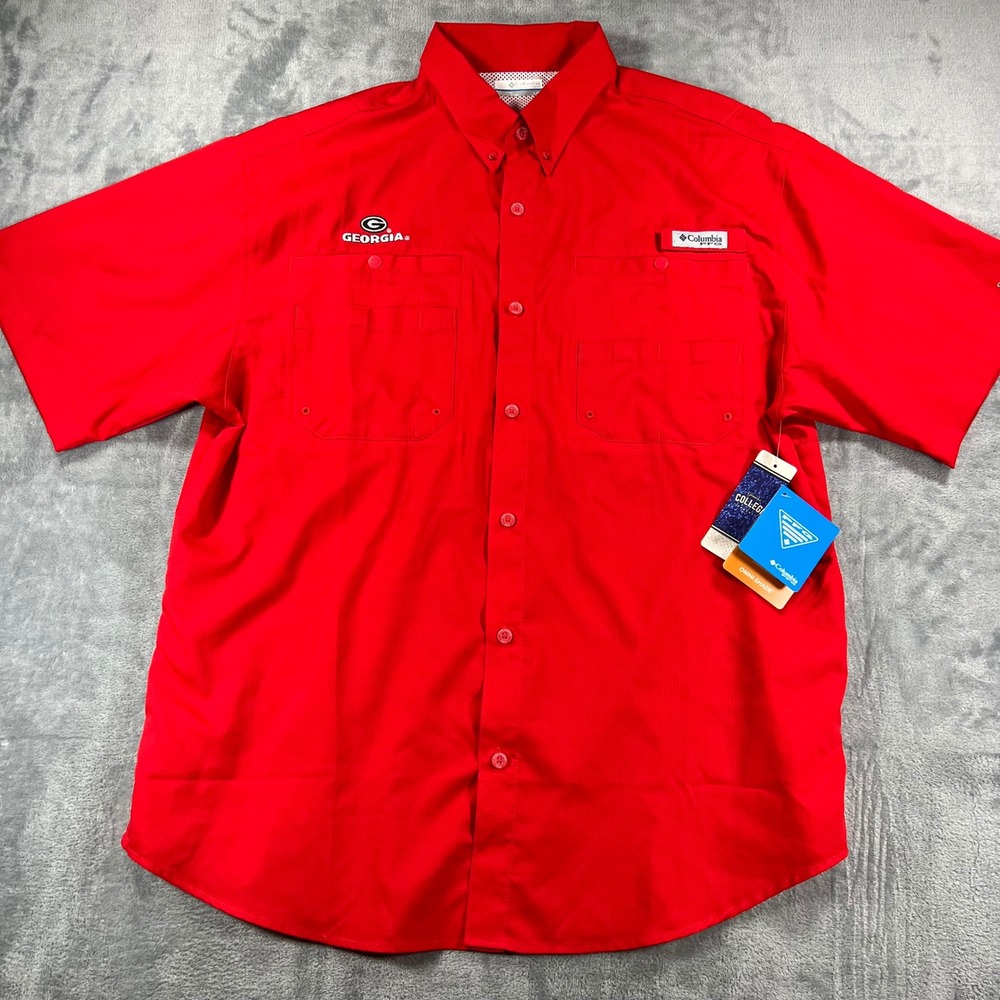 Columbia PFG Georgia Bulldogs Tamiami II Short Sleeve Shirt Red Mens Large NEW
